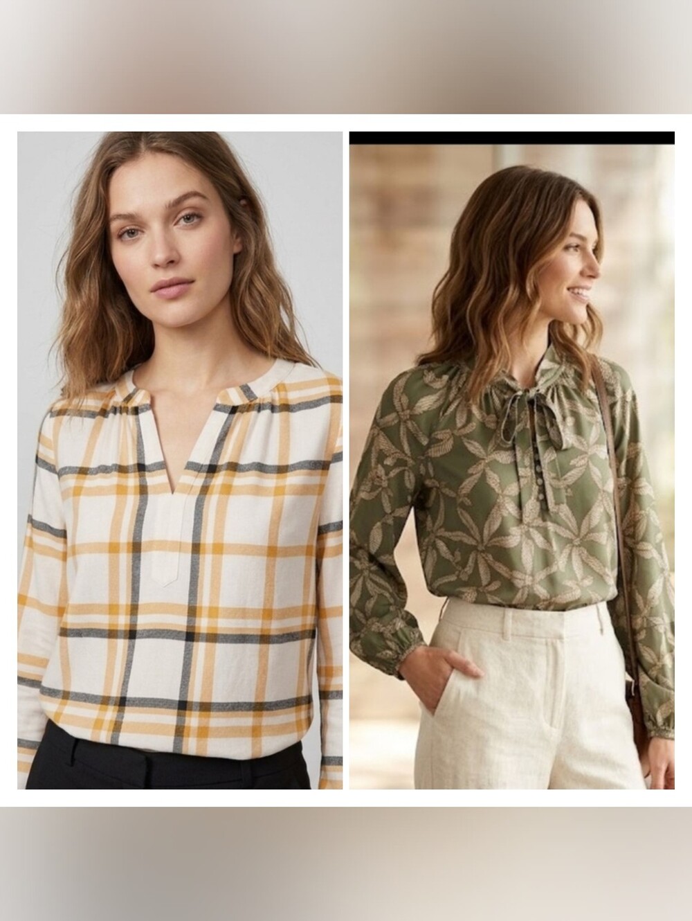 Bundle Of 2: LOFT Olive Tie-Neck Printed Long-Sleeve Blouse And Orange Plaid Top